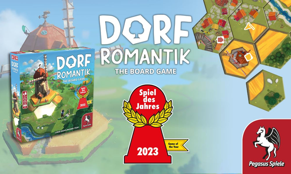 Pegasus Spiele Dorfromantik players around the table planning routes and quests for high-score opportunities
