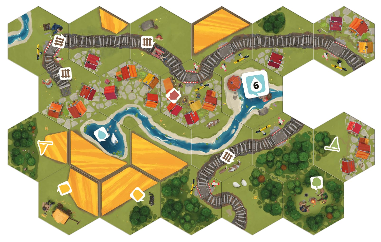 Pegasus Spiele Dorfromantik finished game box with tiles and score sheets ready