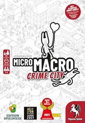 Pegasus Spiele MicroMacro case cards spread for solving sixteen mysteries.