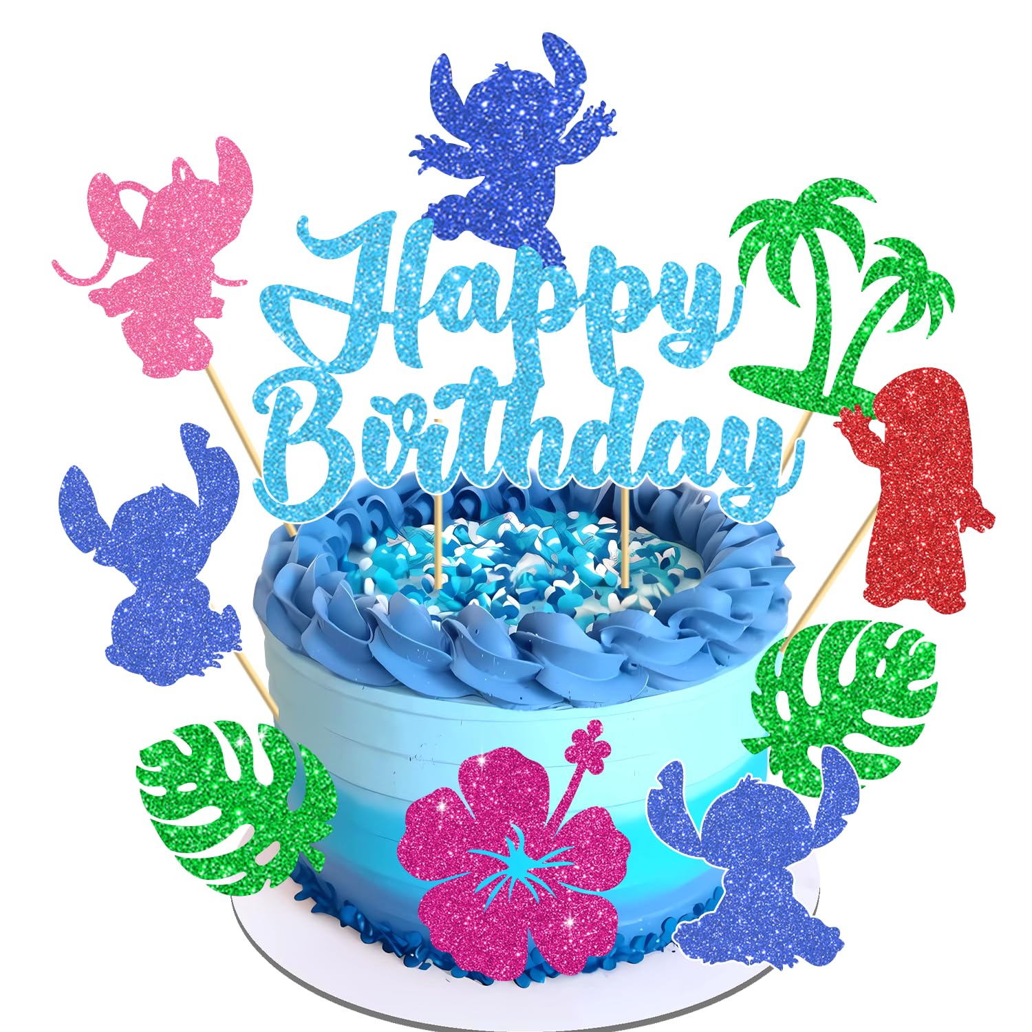 Pekeng glitter cartoon birthday toppers sparkle on cake for a playful kids' party