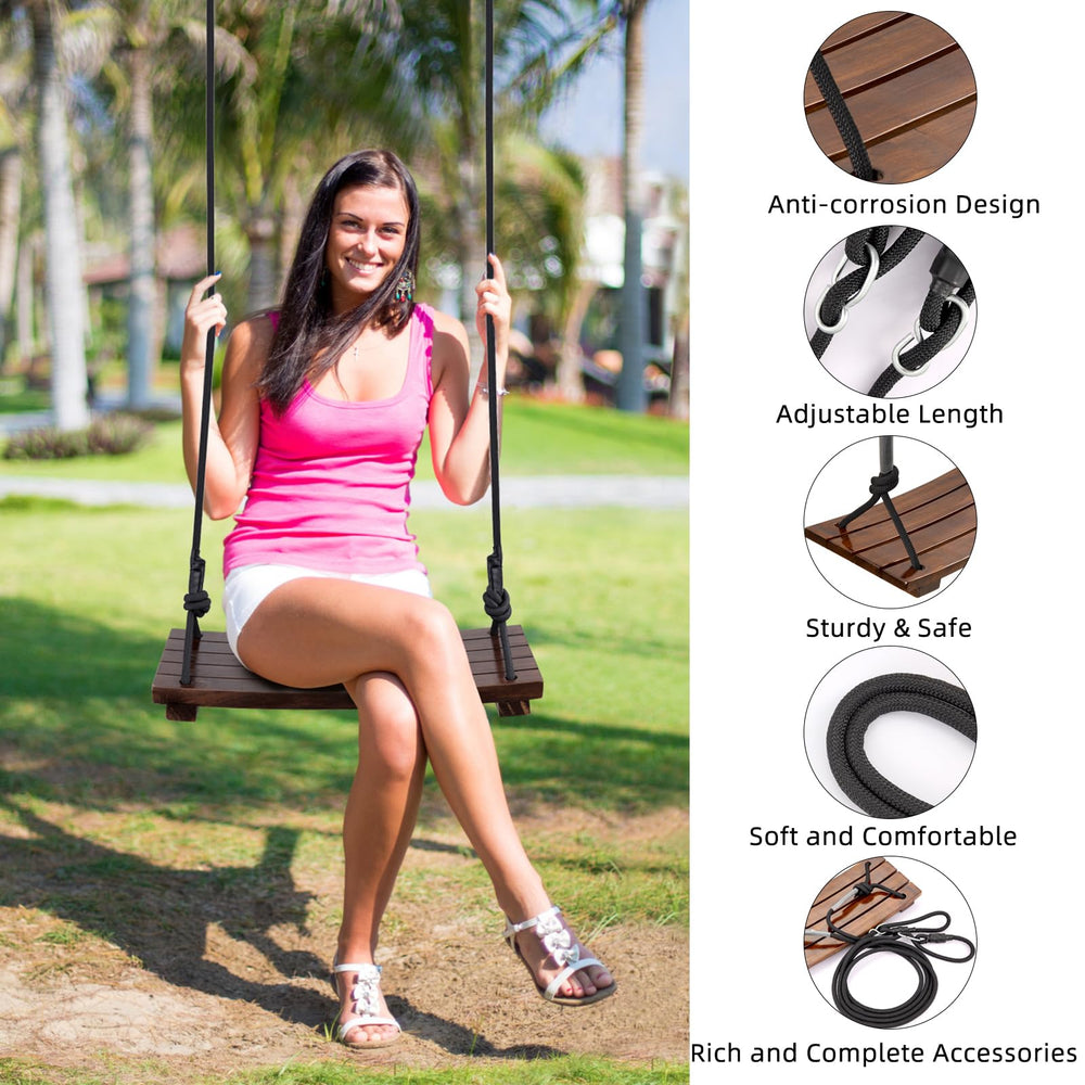 PELLOR carbonized wood swing close-up shows durable texture for outdoor weather.