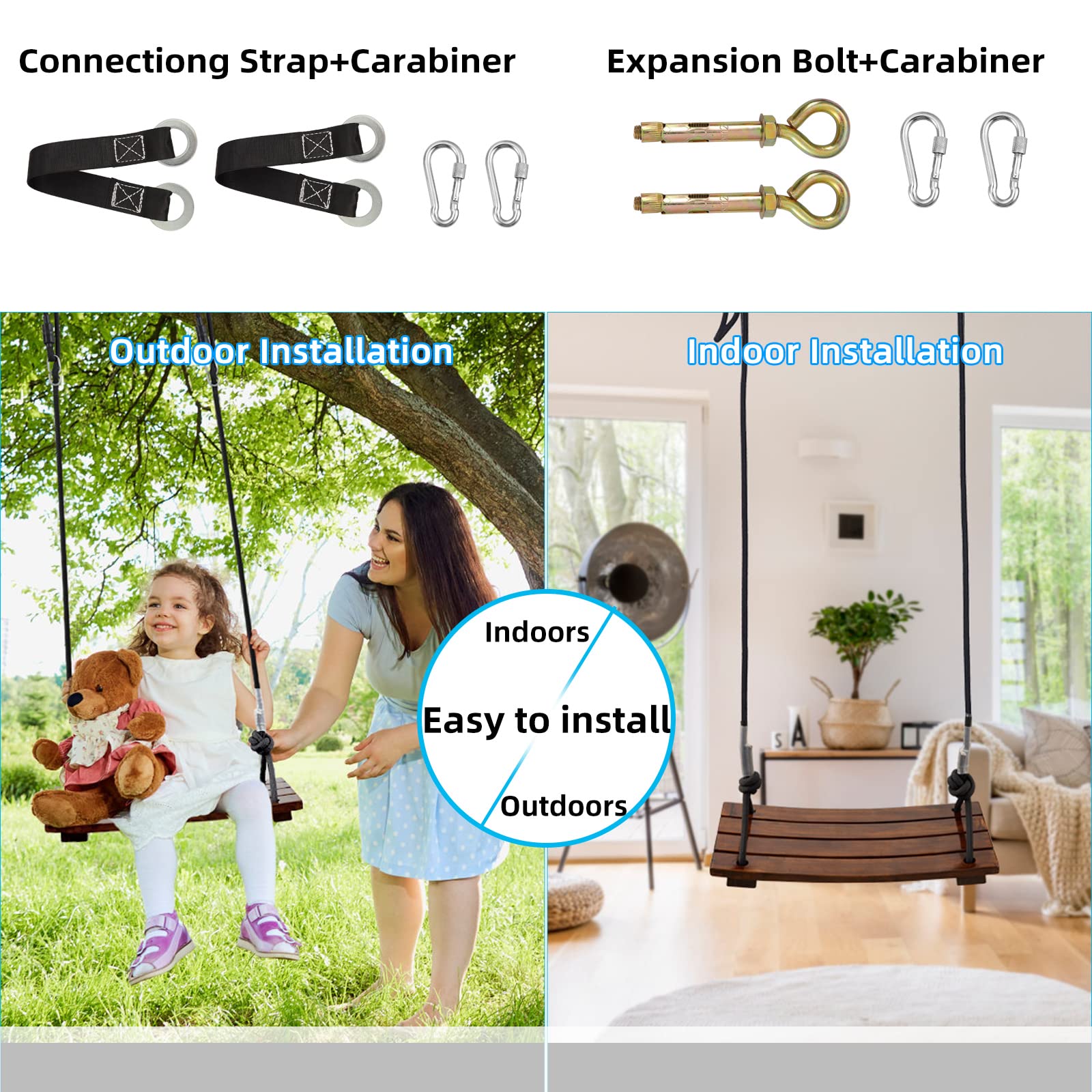 PELLOR wooden swing seat strap attachments demonstrate secure setup