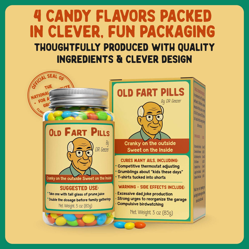 Pelto Old Fart Pills label close-up showing retro gag design