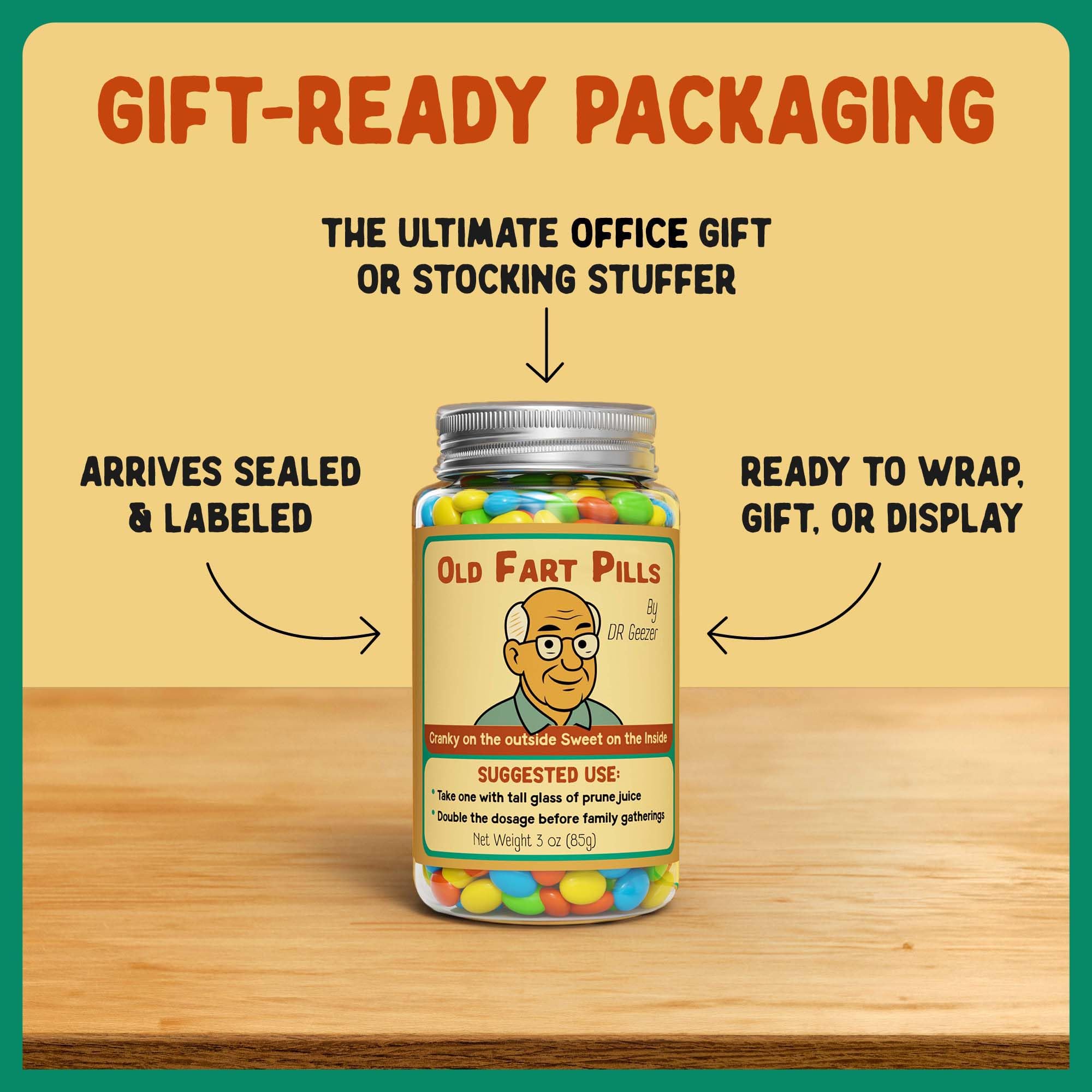 Pelto Old Fart Pills retro bottle with vintage label for display