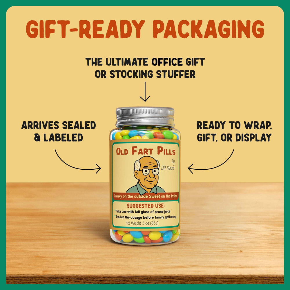 Pelto Old Fart Pills retro bottle with vintage label for display