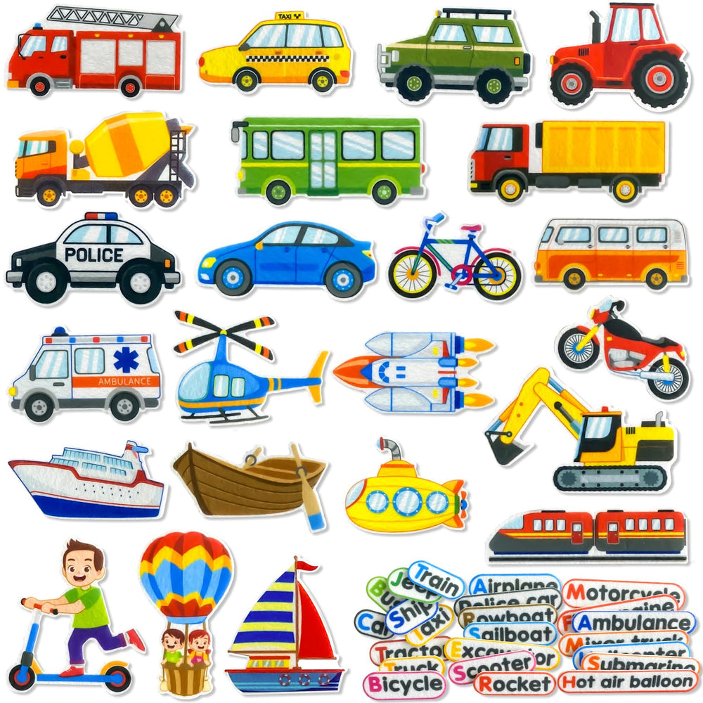 PENGFULL transport vehicles pieces for felt boards—bright and hands-on learning.