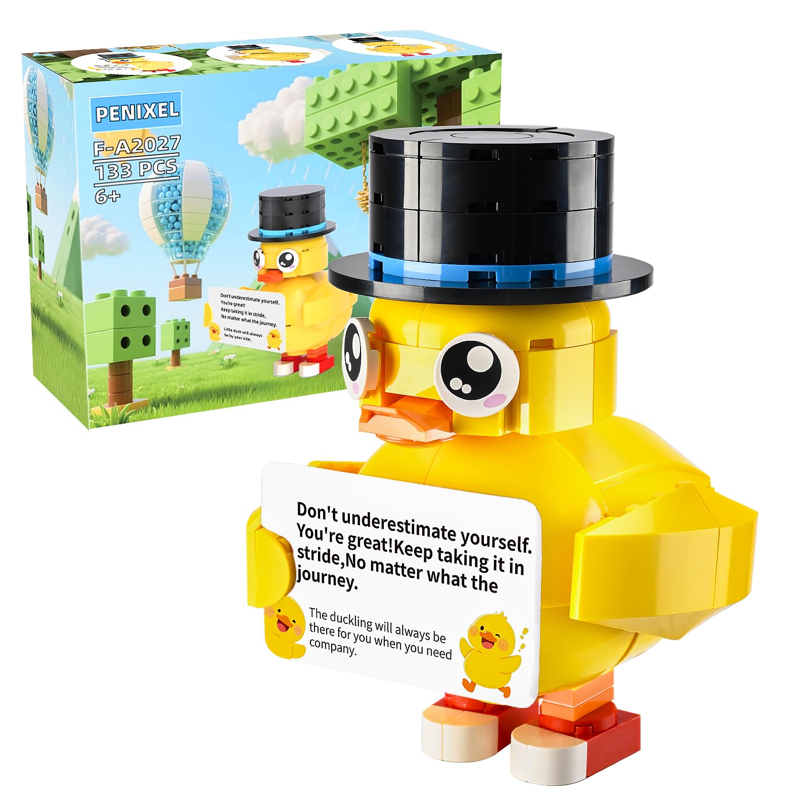 Penixel Encourage Duck building blocks set displayed on a bright desk to boost mood and creativity