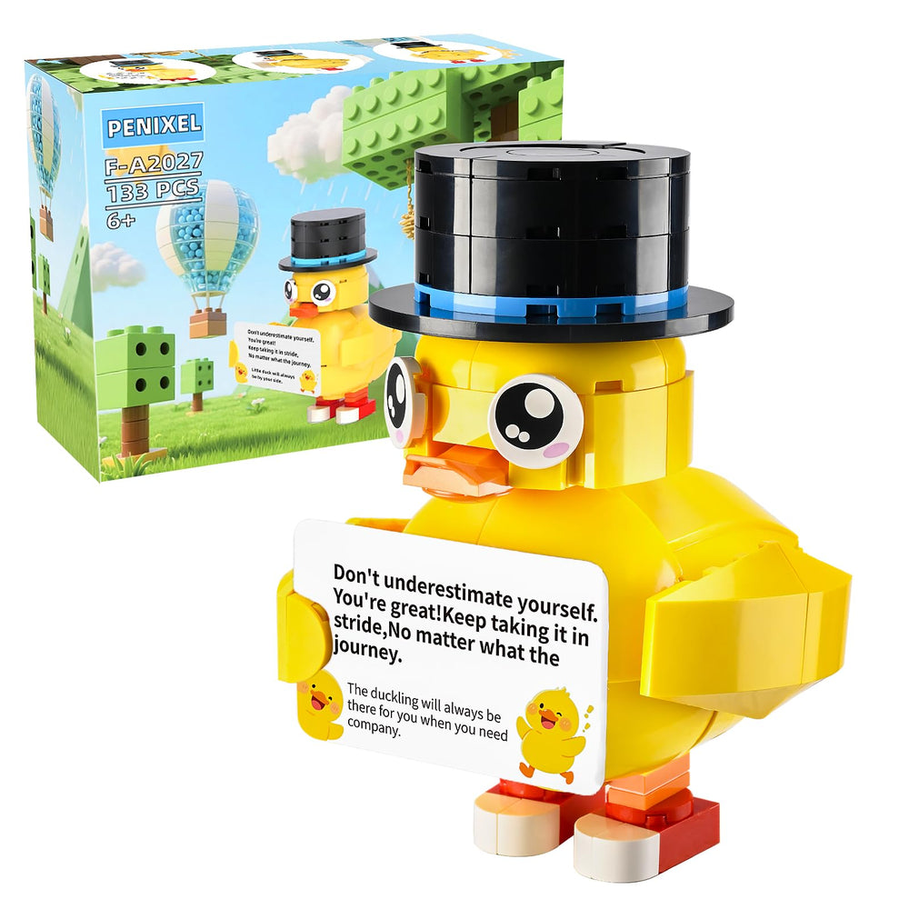 Penixel Encourage Duck building blocks set displayed on a bright desk to boost mood and creativity