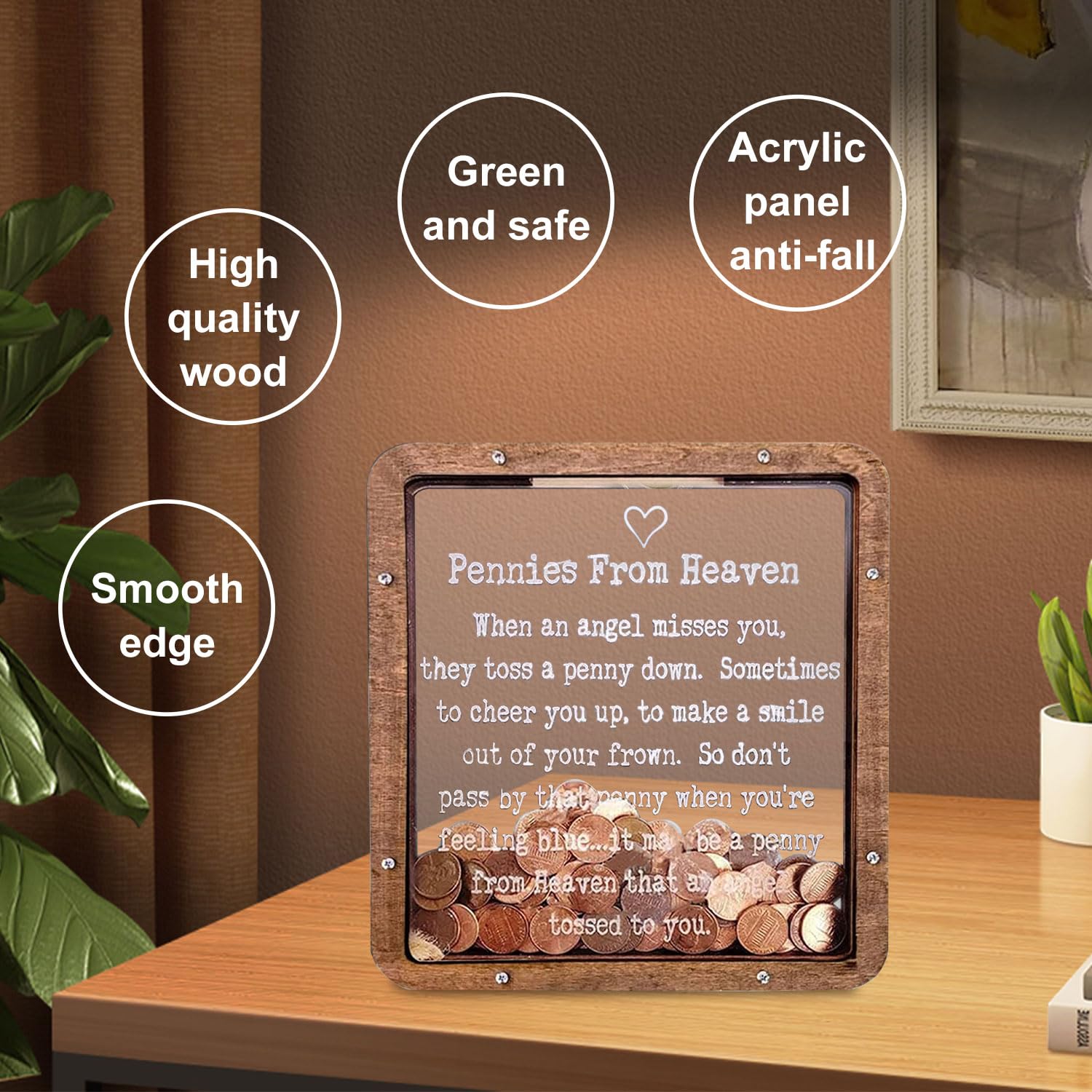 Pennies From Heaven Bank displayed on a bedside table as a decorative keepsake