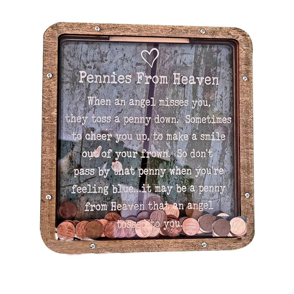 Pennies From Heaven wooden piggy bank with a warm, classic finish for home décor and memory