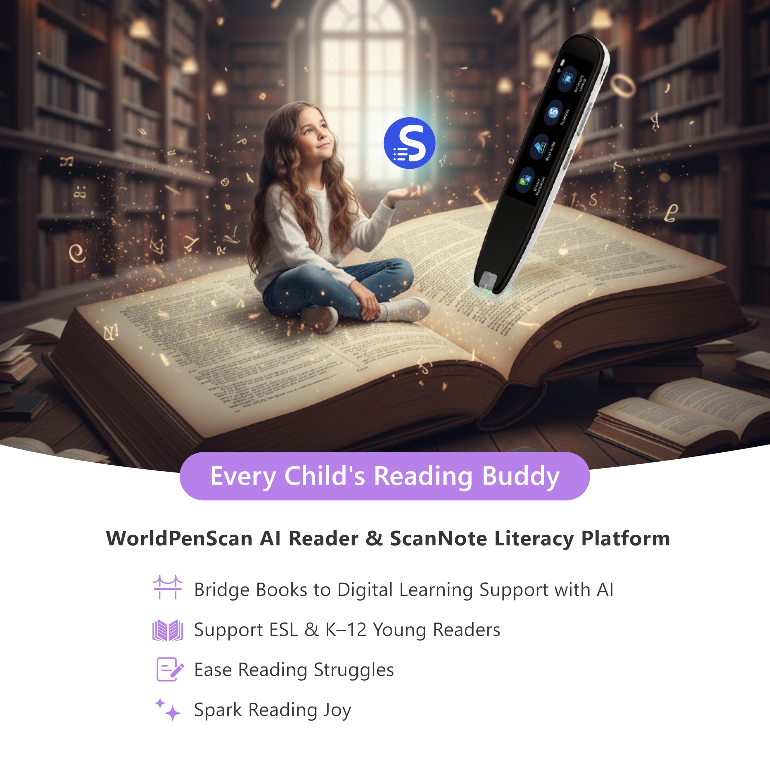 Child using WorldPenScan AI Reader while reading a book at home