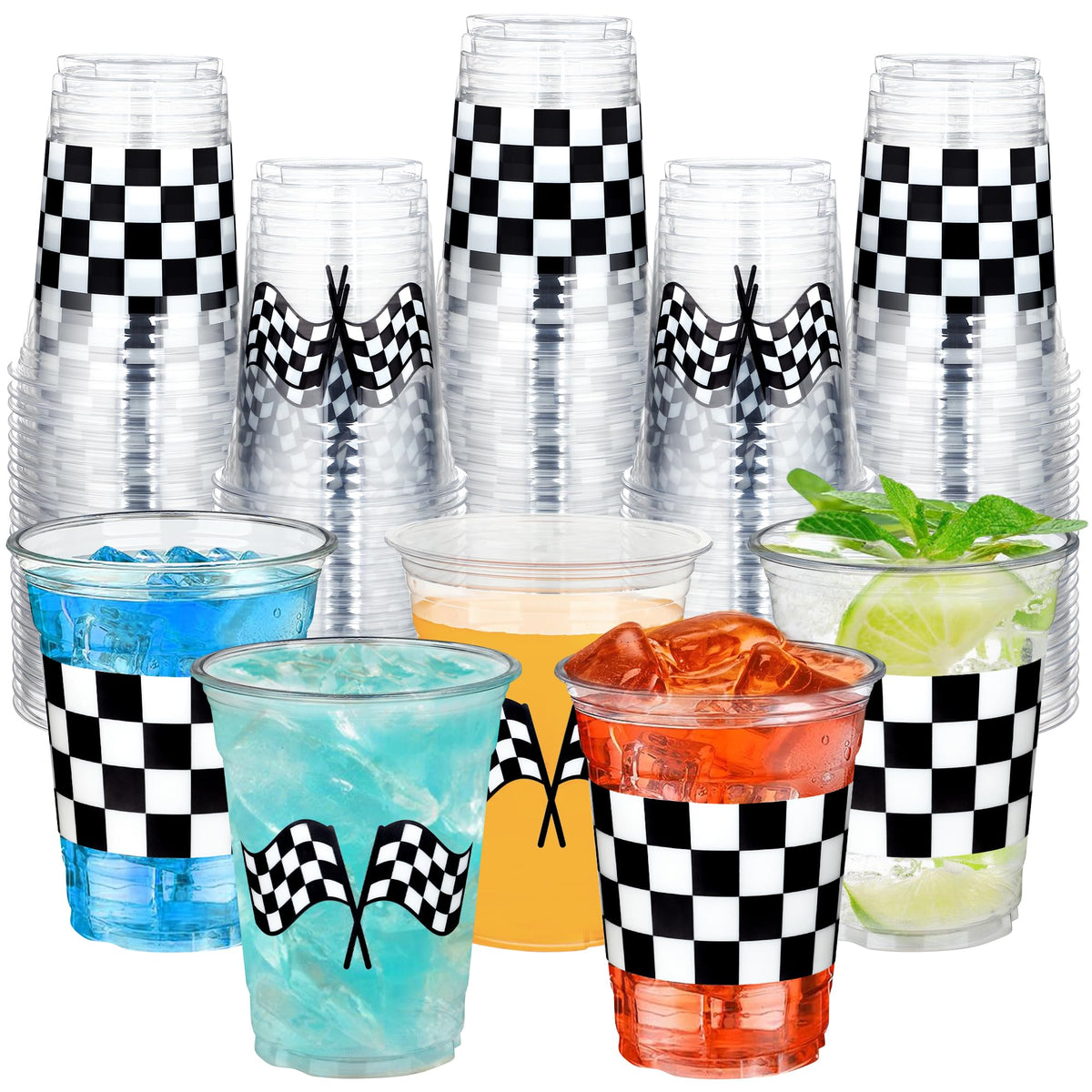 Peony Man checkered racing cups 16oz front view, ideal for a race-themed party.