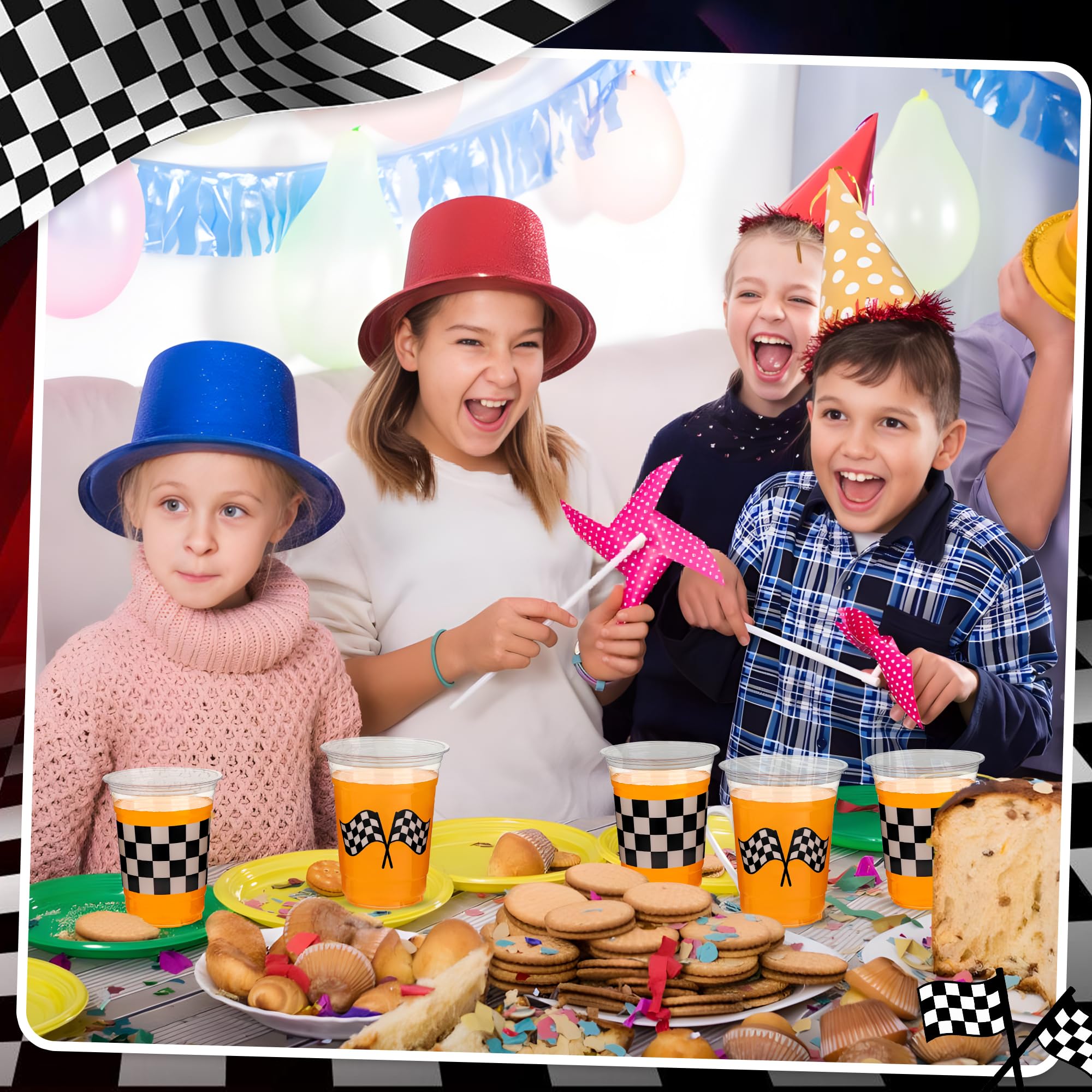 Peony Man checkered cups on a party table, perfect for racing-themed gatherings.