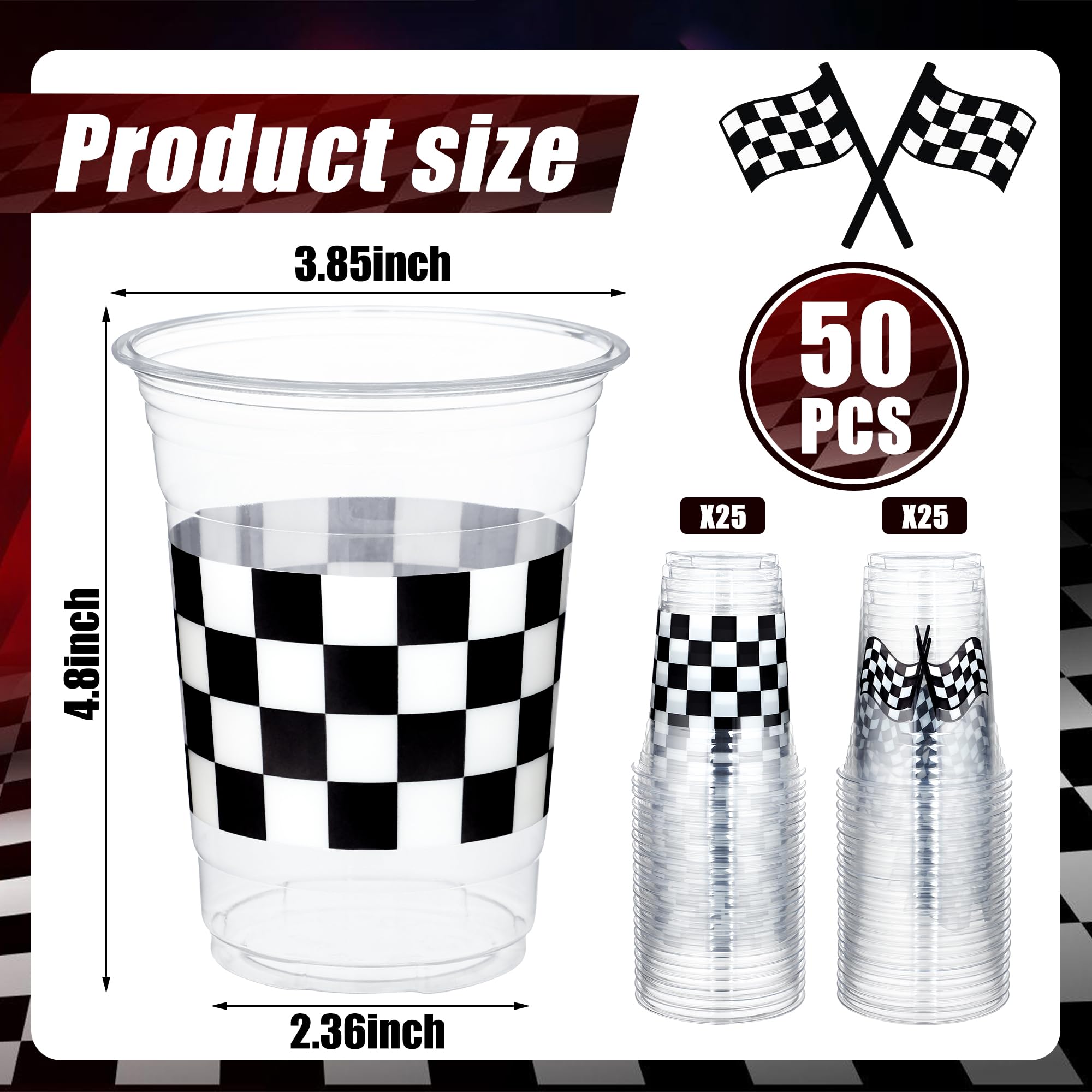 Peony Man checkered racing cups 16oz patterned side view, adds table flair.