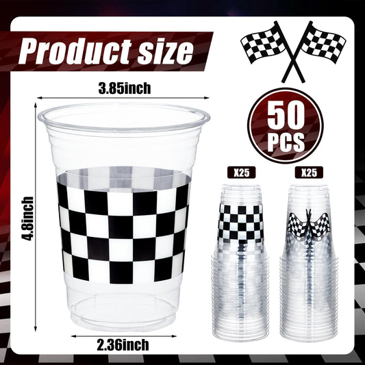 Peony Man checkered racing cups 16oz patterned side view, adds table flair.