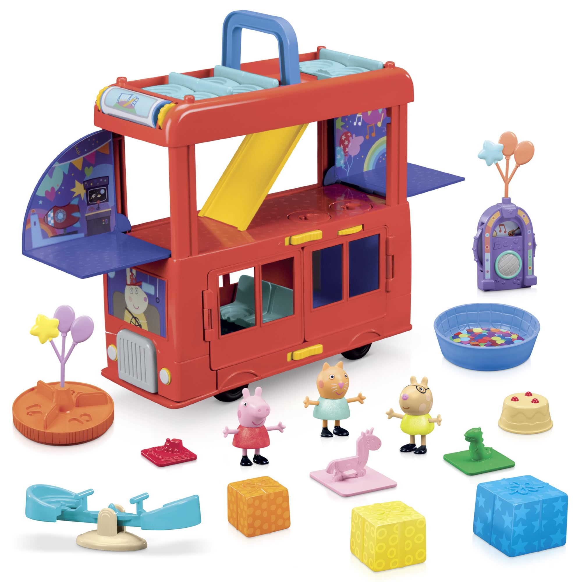 Peppa Pig 2-in-1 party bus playset front view with red double-decker bus.