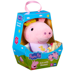 Peppa Pig Baby Evie with blanket plush for cozy cuddles and comforting play.