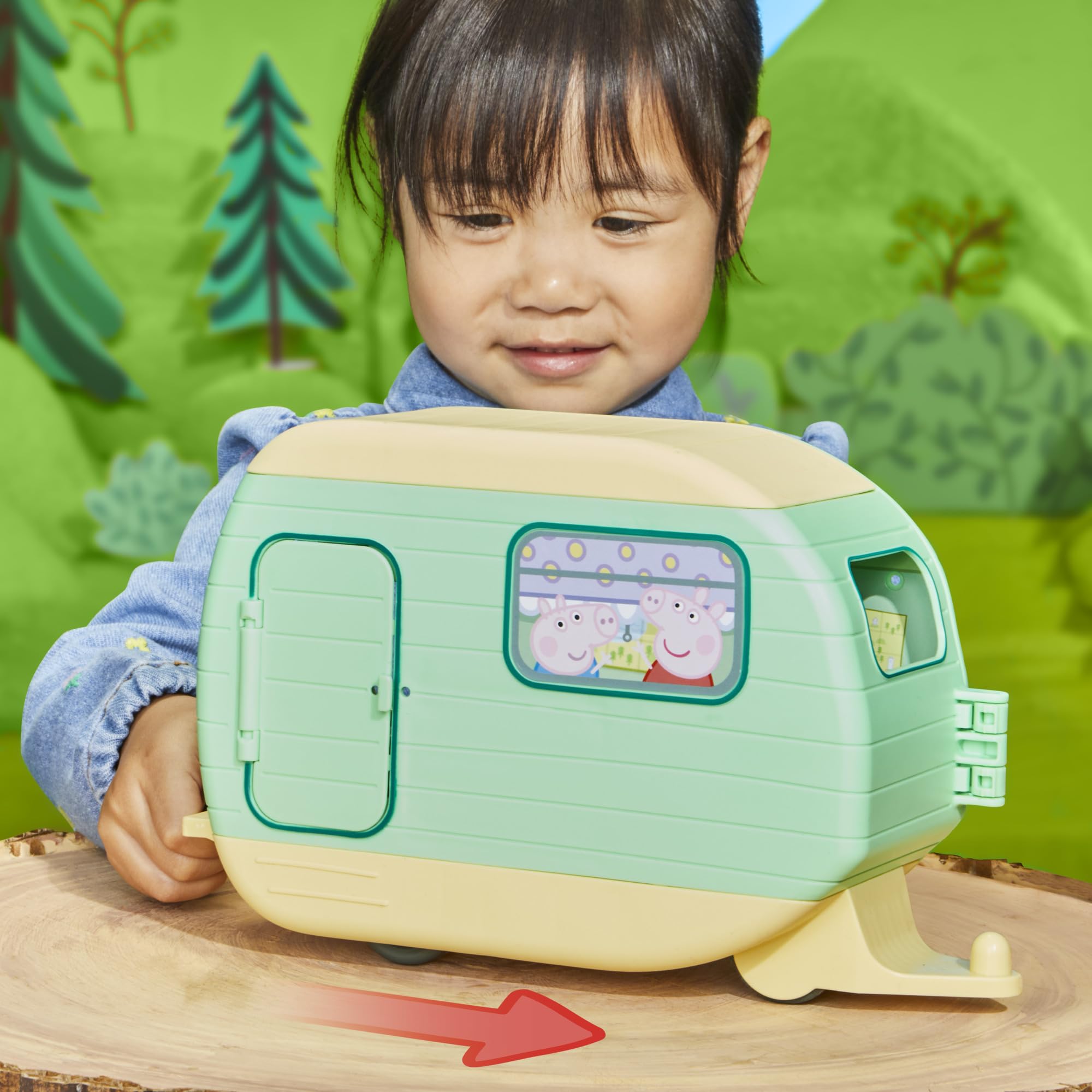 Peppa Pig caravan awning extended for shade-filled play sessions.