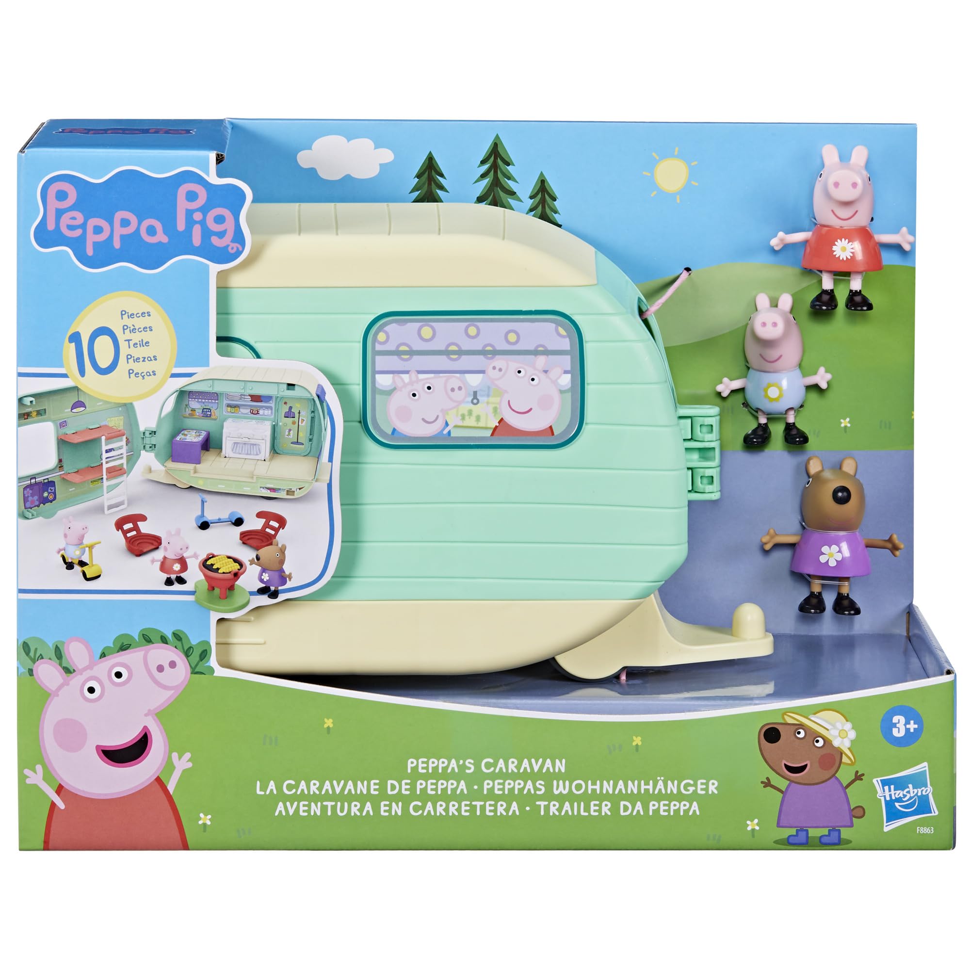 Peppa Pig caravan open with dining area for detailed pretend play.
