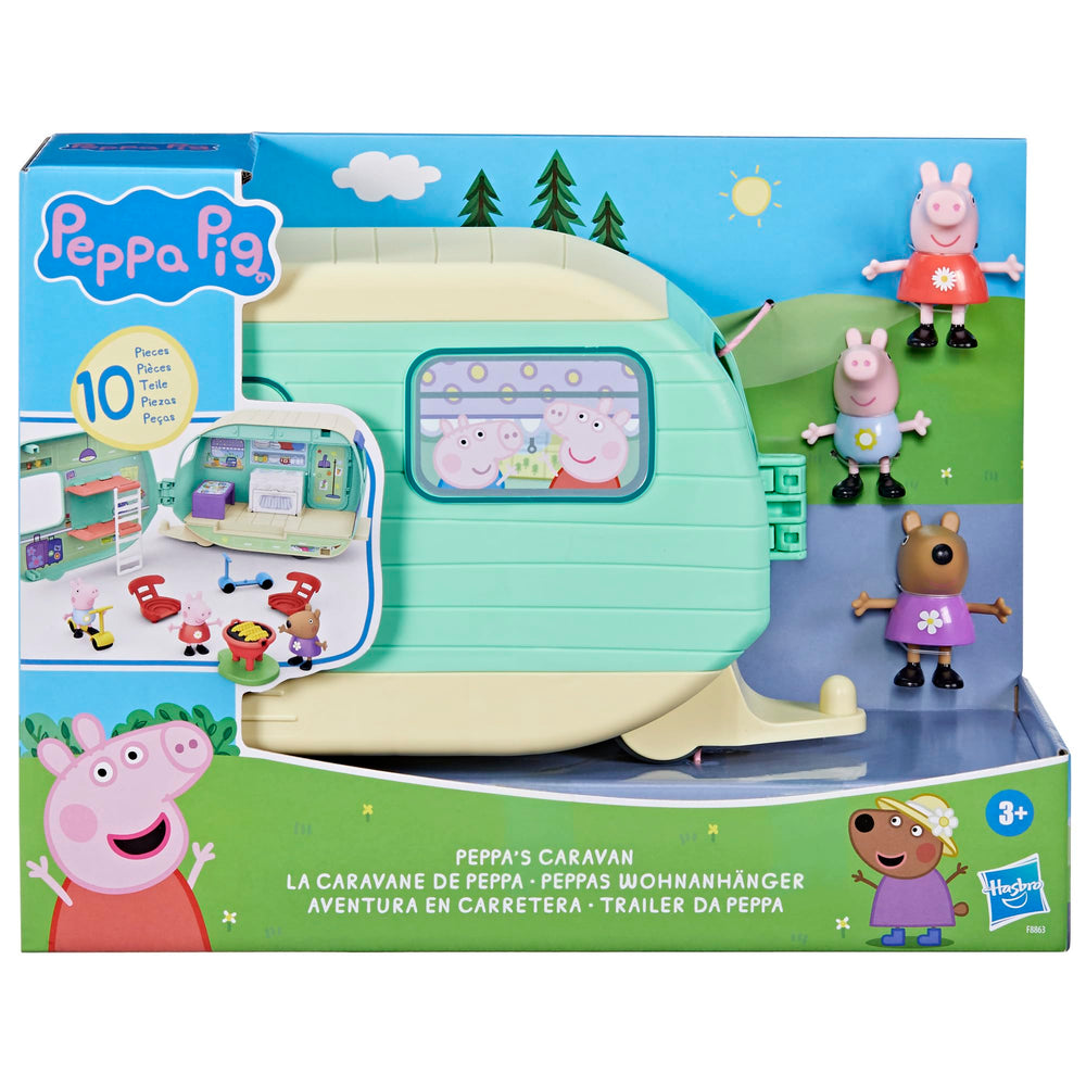Peppa Pig caravan open with dining area for detailed pretend play.