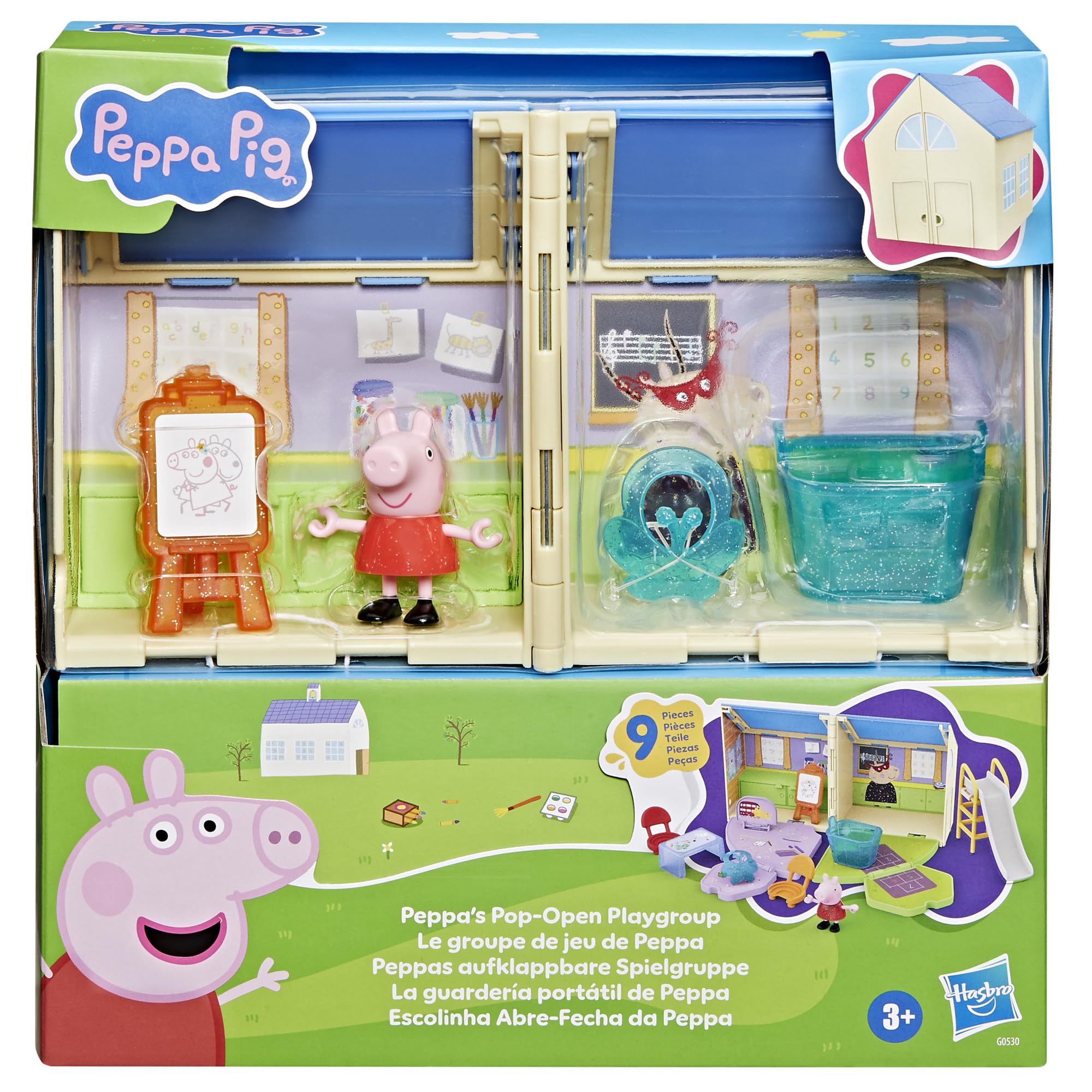 Peppa Pig classroom area with easel invites kids to create and tell stories.