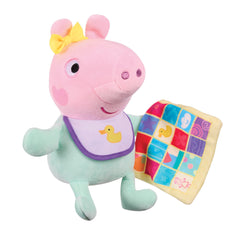 Evie engages in peek-a-boo play with Peppa and George for imaginative fun.