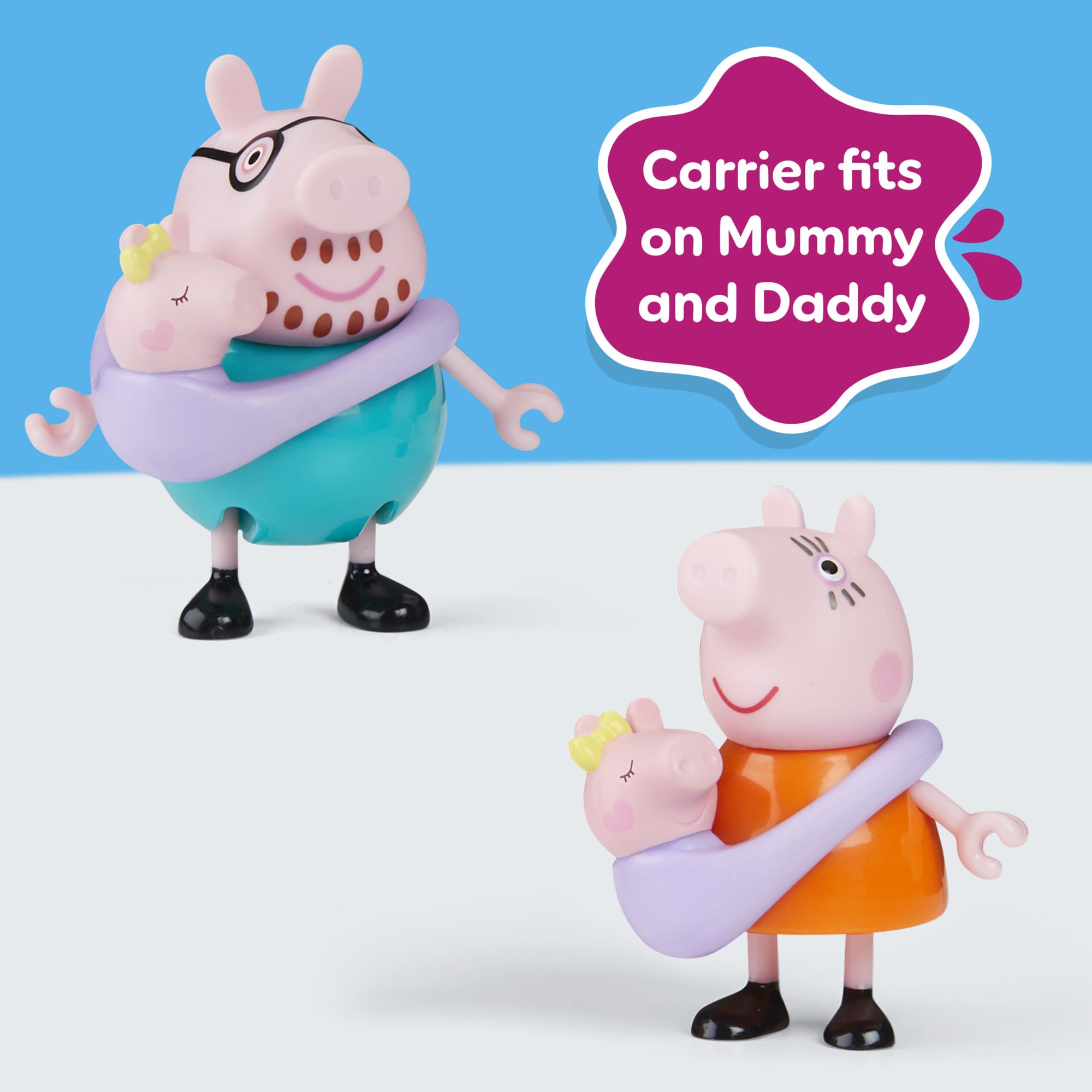 Peppa Pig Baby Evie in carrier for on-the-go pretend family moments.