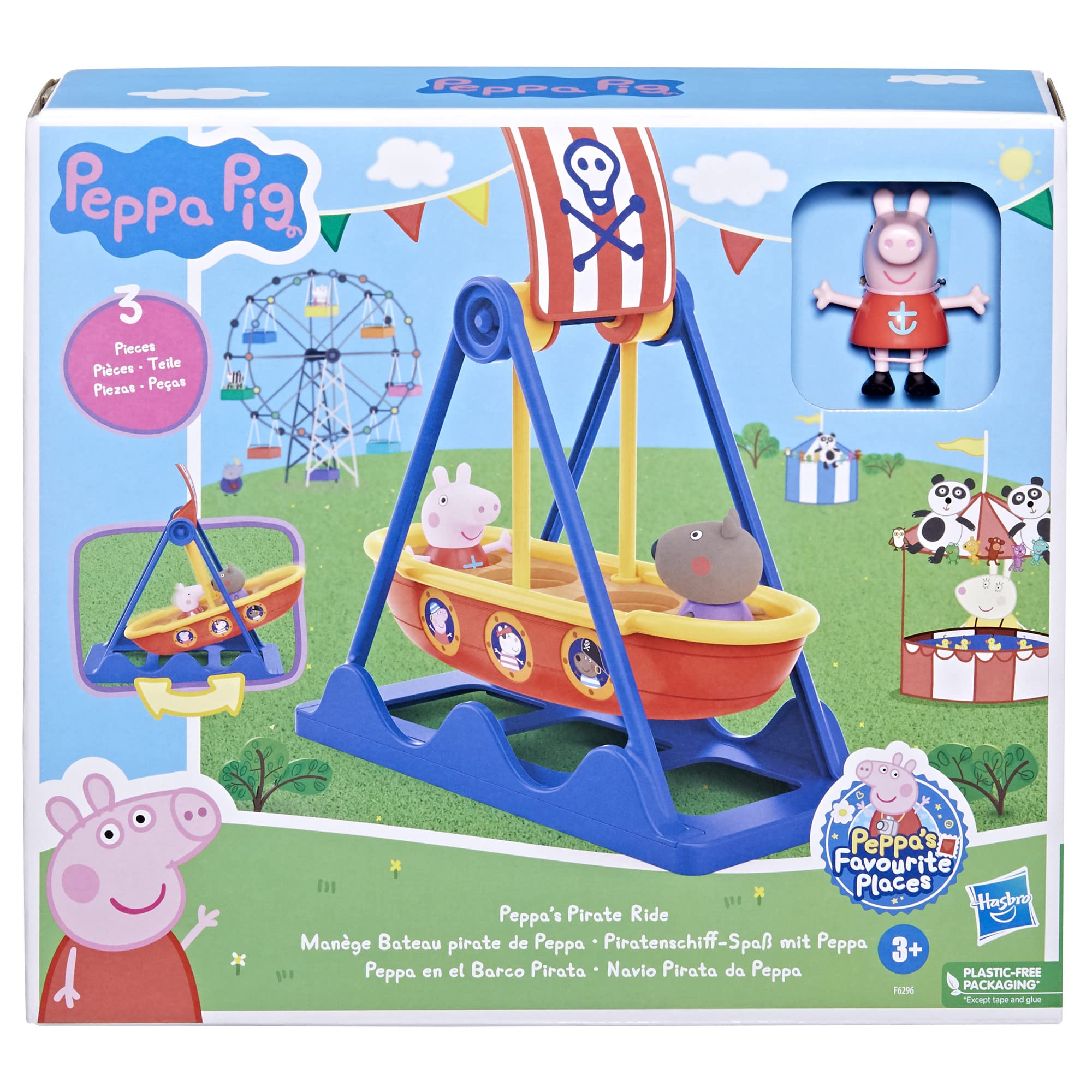 Peppa Pig figures included with seating options for imaginative pirate play.