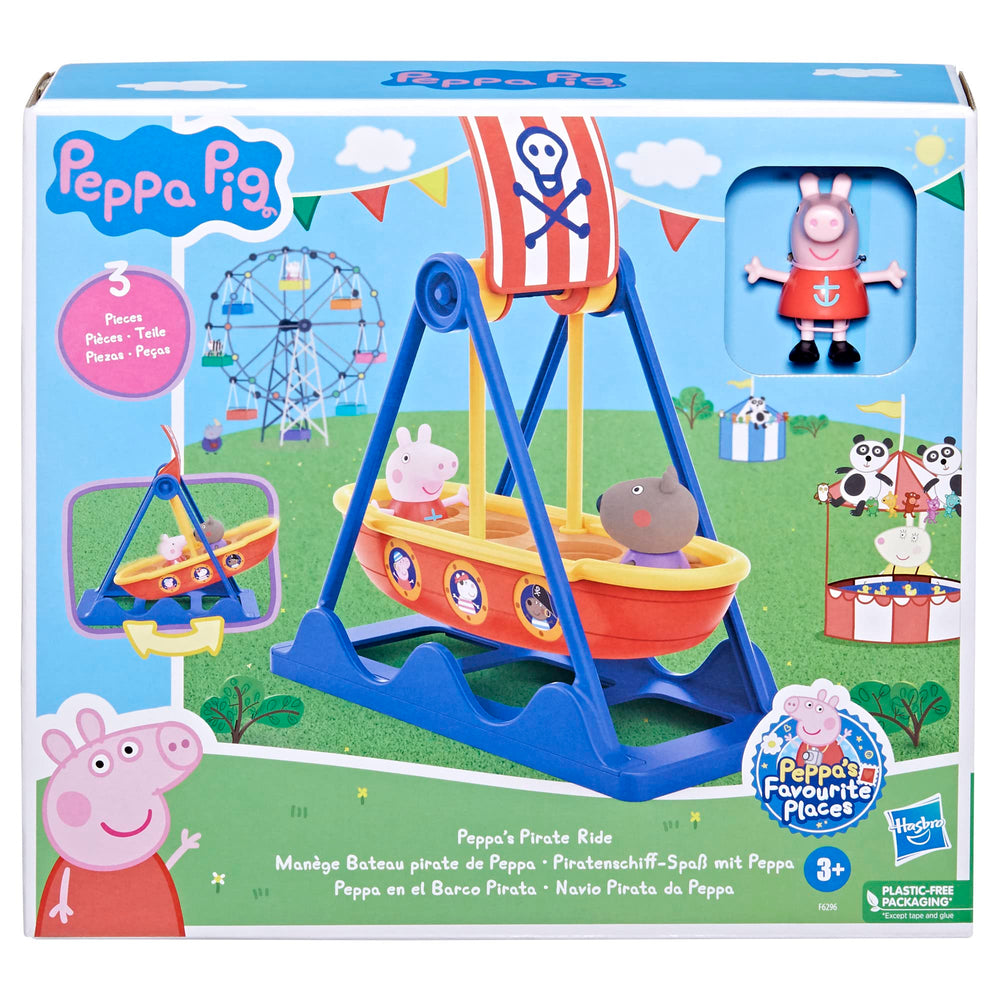 Peppa Pig figures included with seating options for imaginative pirate play.