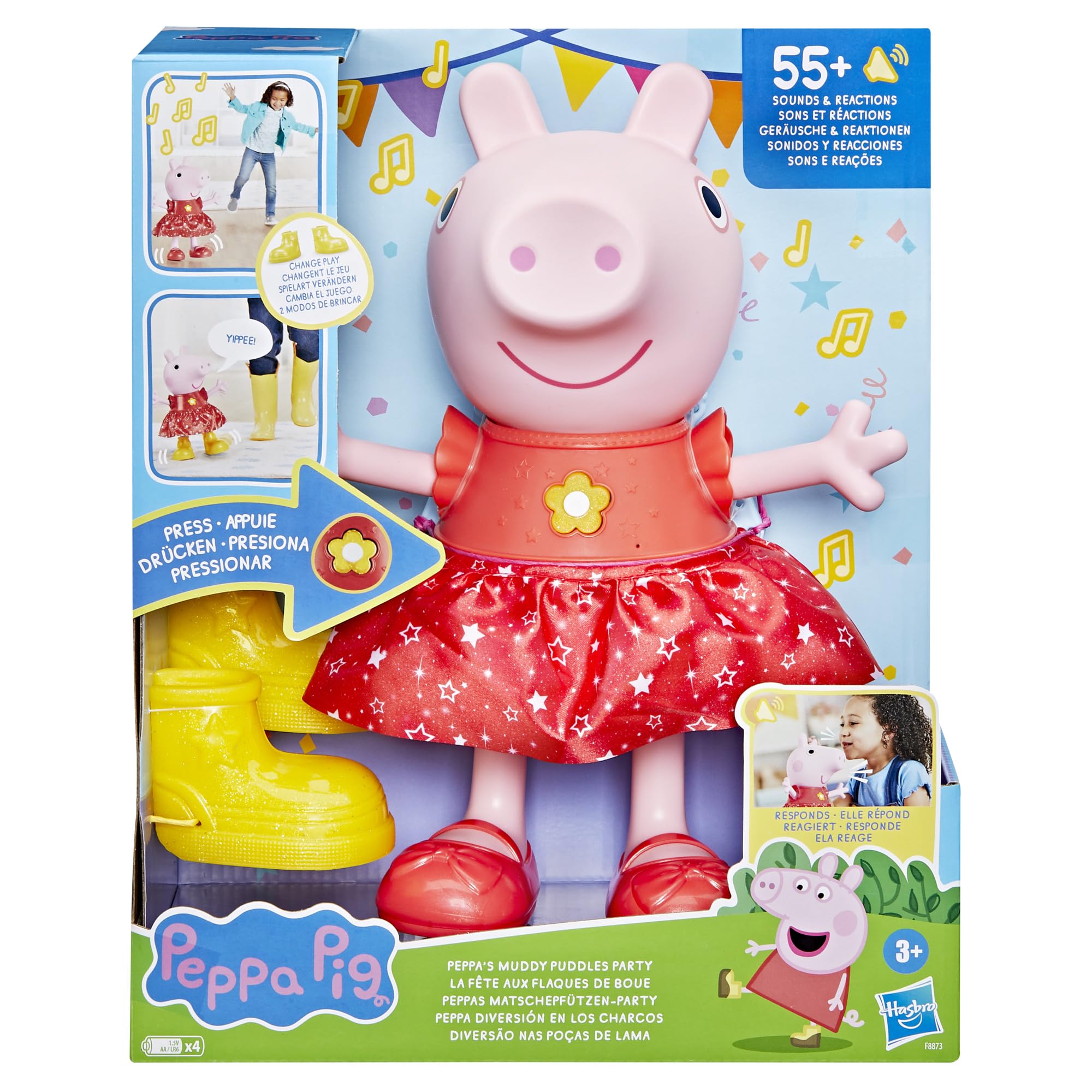 Peppa Pig Muddy Puddles Party doll with removable boots demonstrates mode change play.