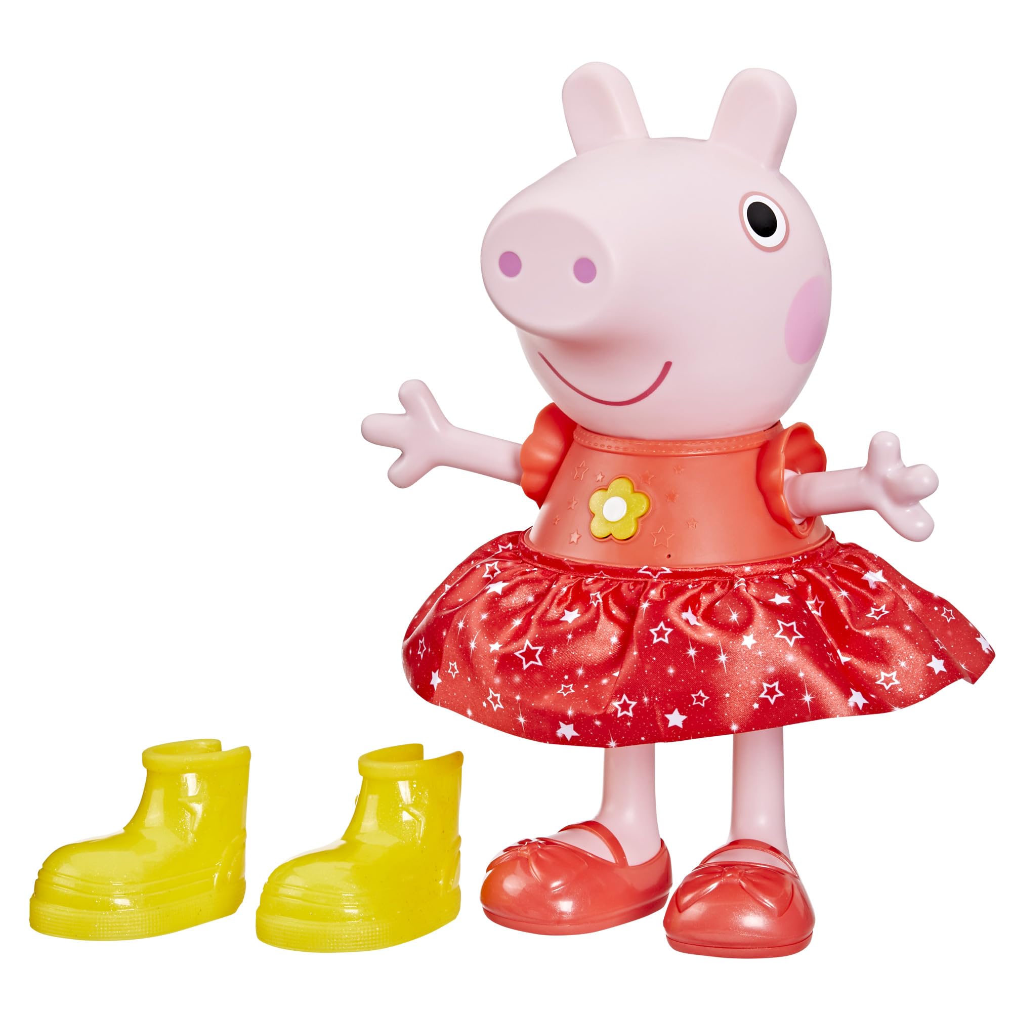Peppa Pig Muddy Puddles Party doll in a glittery dress with yellow boots ready to dance.