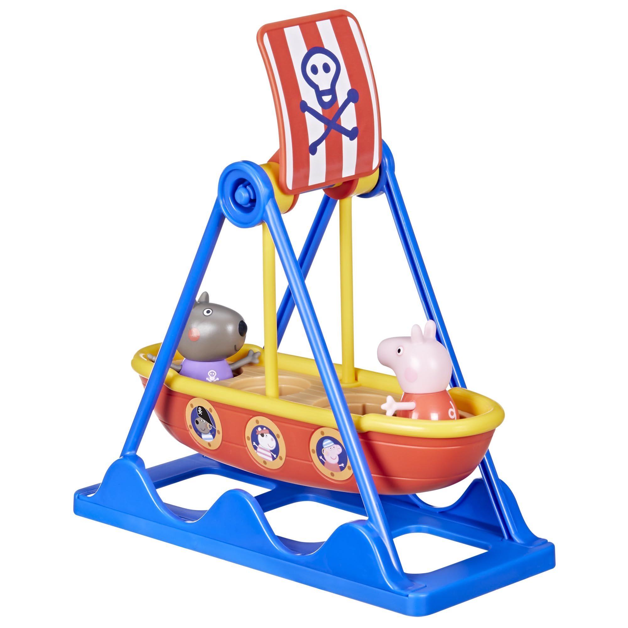 Peppa Pig pirate ride packaging showcases colorful, push-to-swing action.