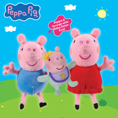 Child hugs Peppa Pig plush showing cuddle friendly design.