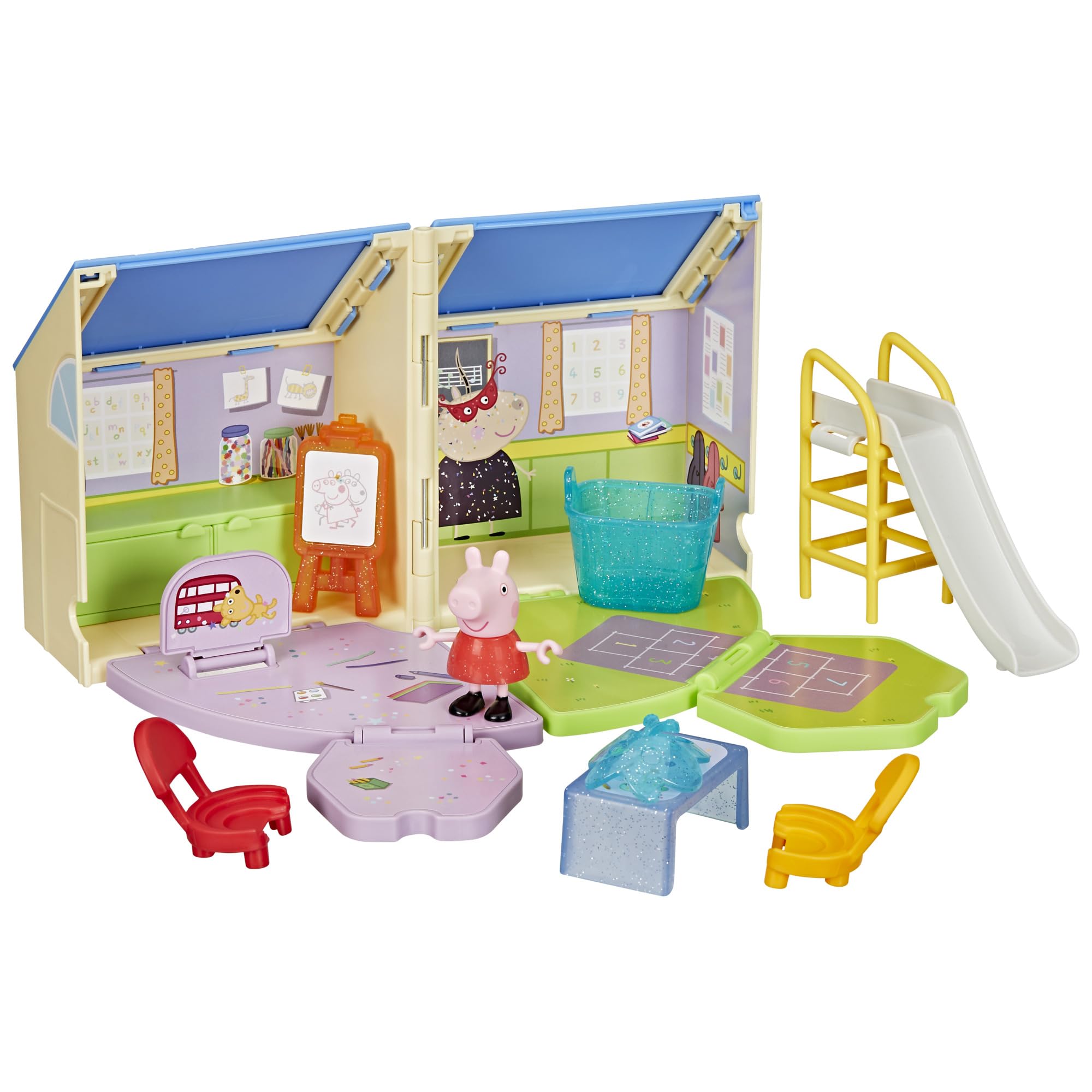Peppa Pig Pop-Open Playgroup playset opens to reveal classroom and playground areas for imaginative play.