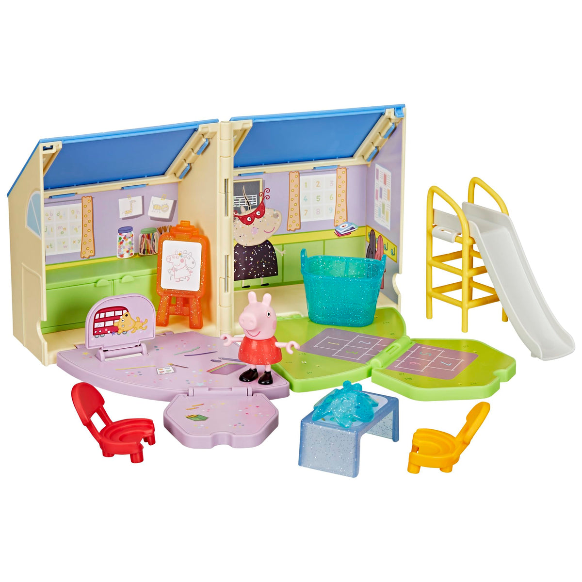 Peppa Pig Pop-Open Playgroup playset opens to reveal classroom and playground areas for imaginative play.