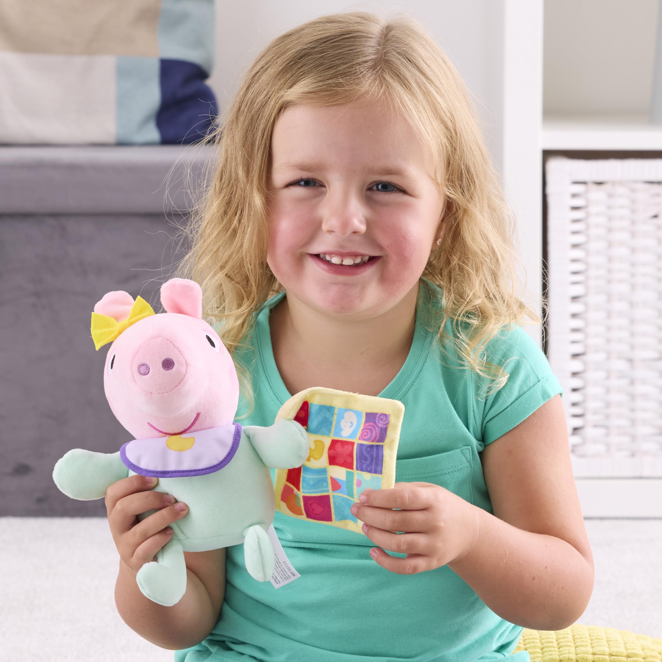 Peppa Pig Evie plush offers soft comfort during stories.