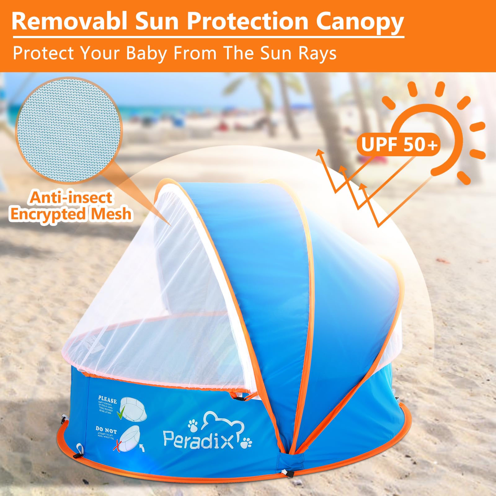 Peradix infant sun shade canopy provides UPF 50+ protection in bright sun