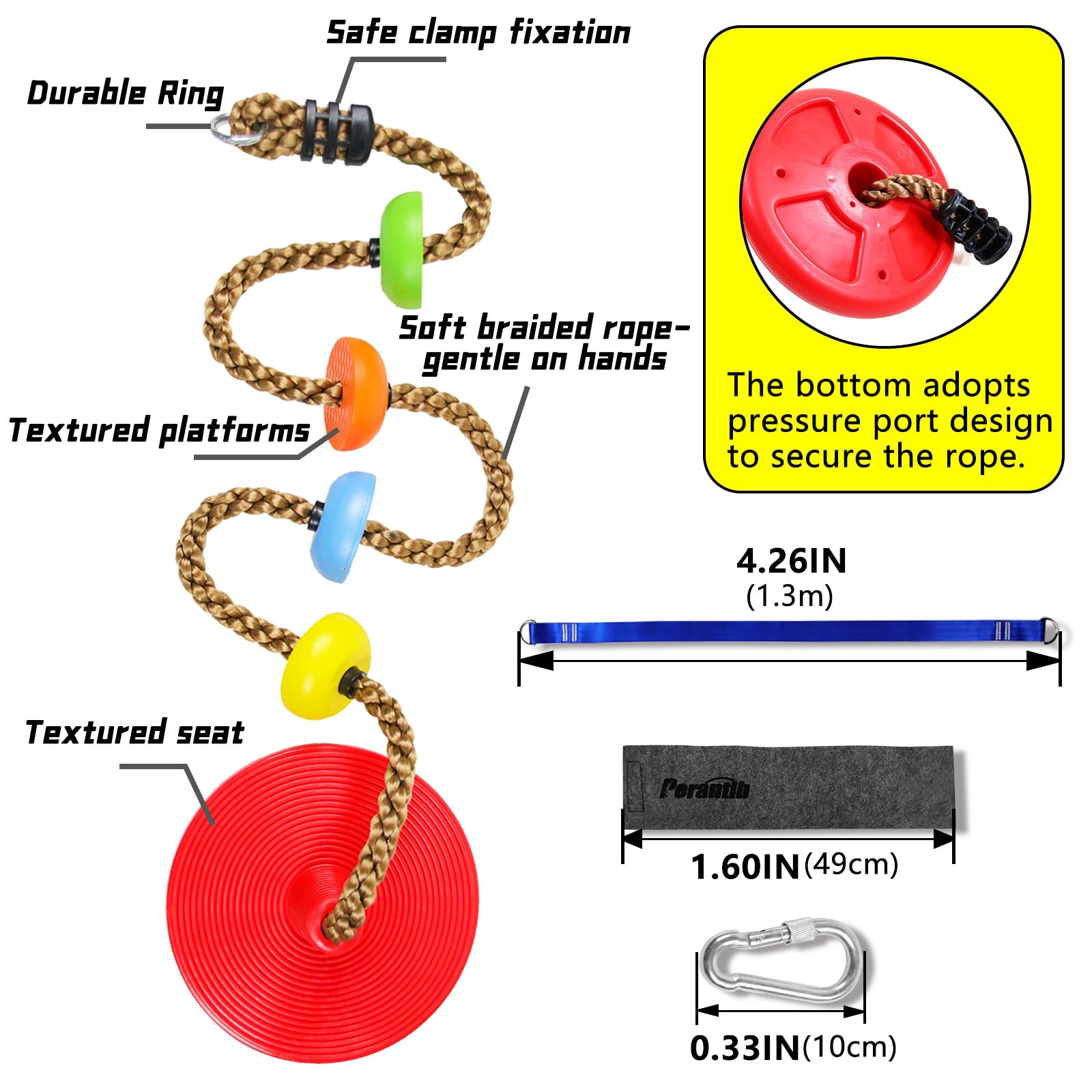 Perantlb tree strap 4ft enables adjustable height for safe play.