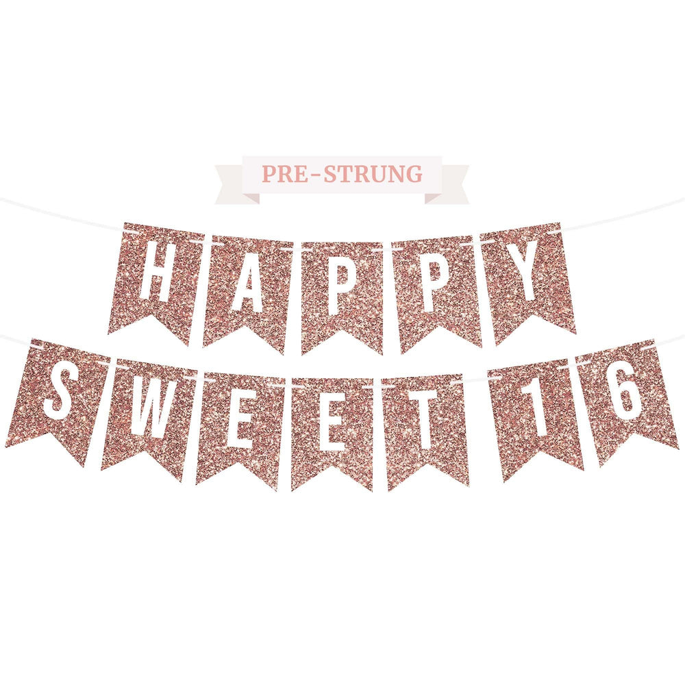 Perfect Occasion pre-strung Happy Sweet 16 banner on a 6 ft strand for quick setup.