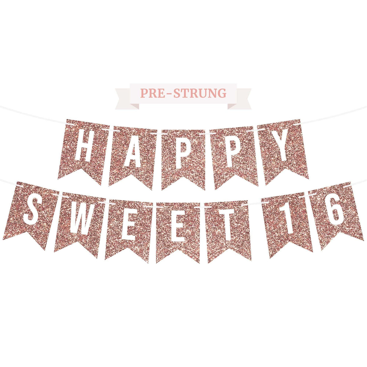 Perfect Occasion pre-strung Happy Sweet 16 banner on a 6 ft strand for quick setup.