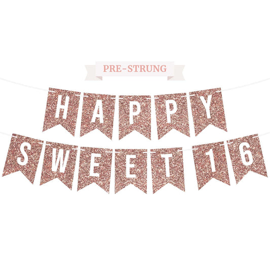 Perfect Occasion pre-strung Happy Sweet 16 banner on a 6 ft strand for quick setup.