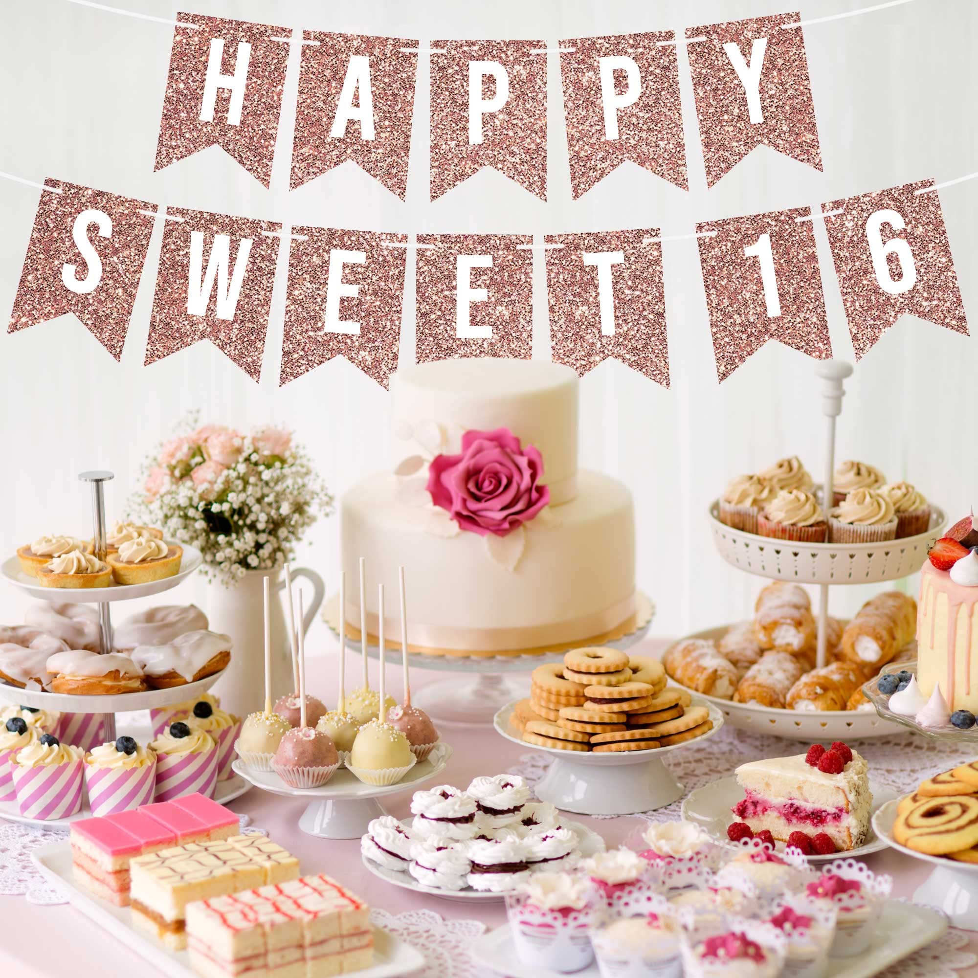 Perfect Occasion rose gold decor elevates a chic Sweet Sixteen setup.