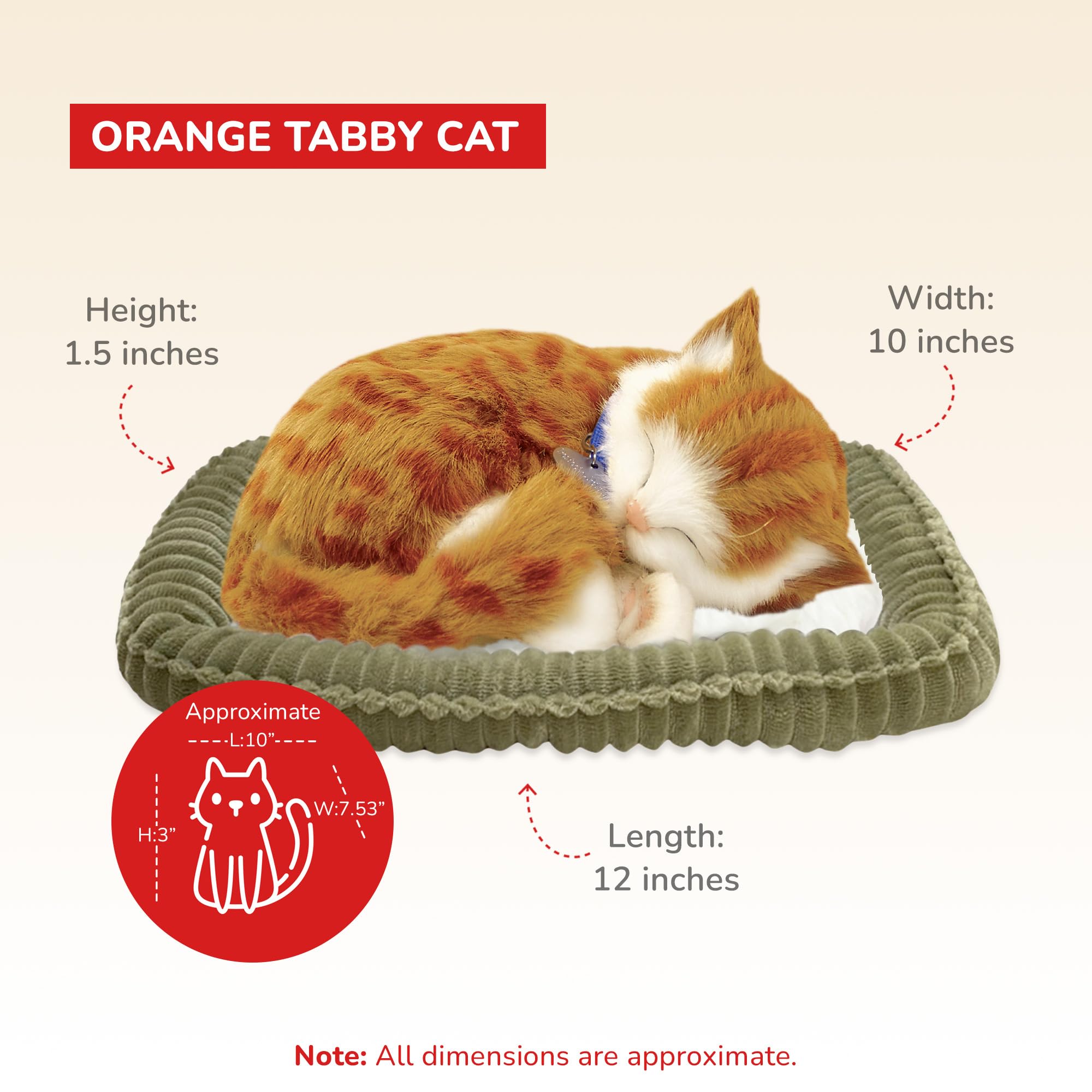 Compact Perfect Petzzz Orange Tabby Cat dimensions suitable for desk or shelf.