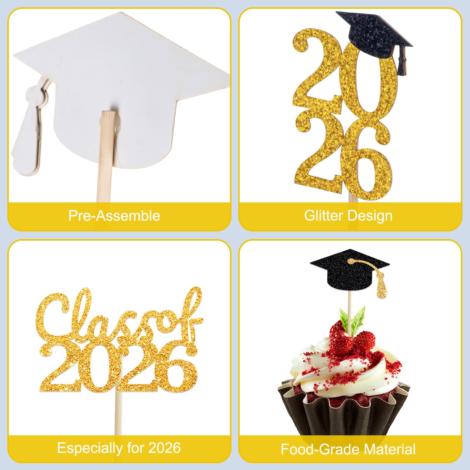 PERFQU Black Gold Grad Toppers designs offer fade-resistant shine for celebratory displays.