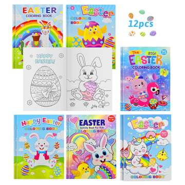 PERFQU 12-pack Easter coloring books with classic bunnies and eggs for kids' activities.
