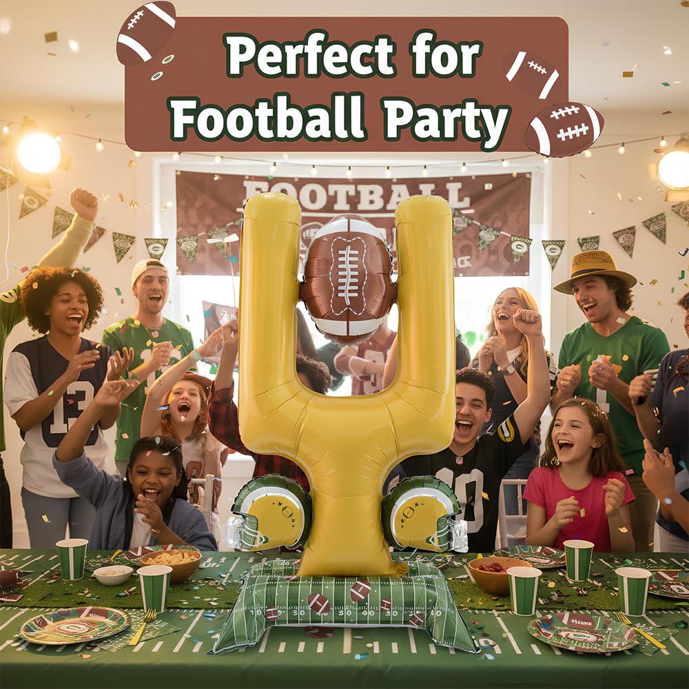 Permcoly green-yellow-brown football balloon set adds game-day vibe.