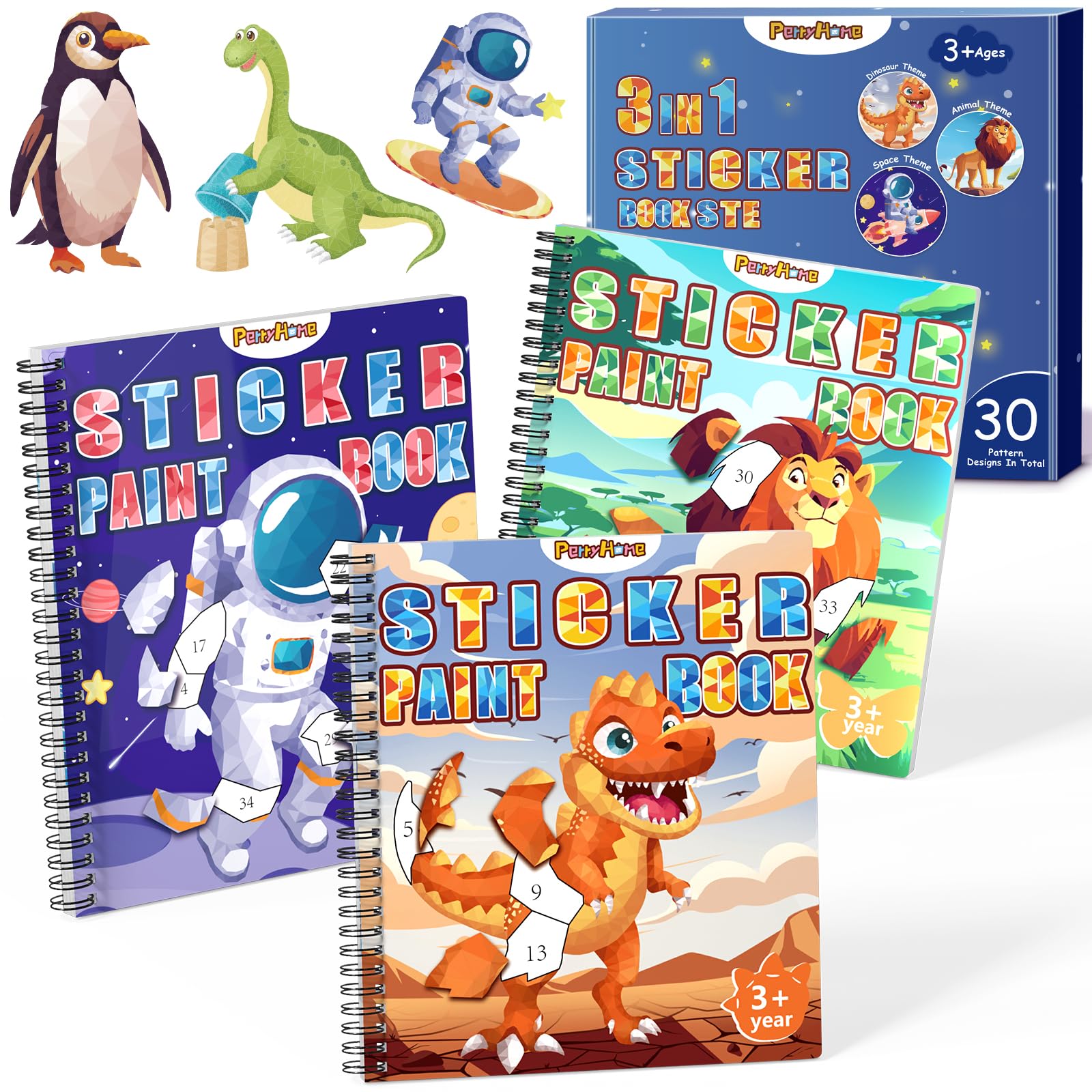 PERRYHOME dinosaur sticker book cover showing vibrant themes for creative play