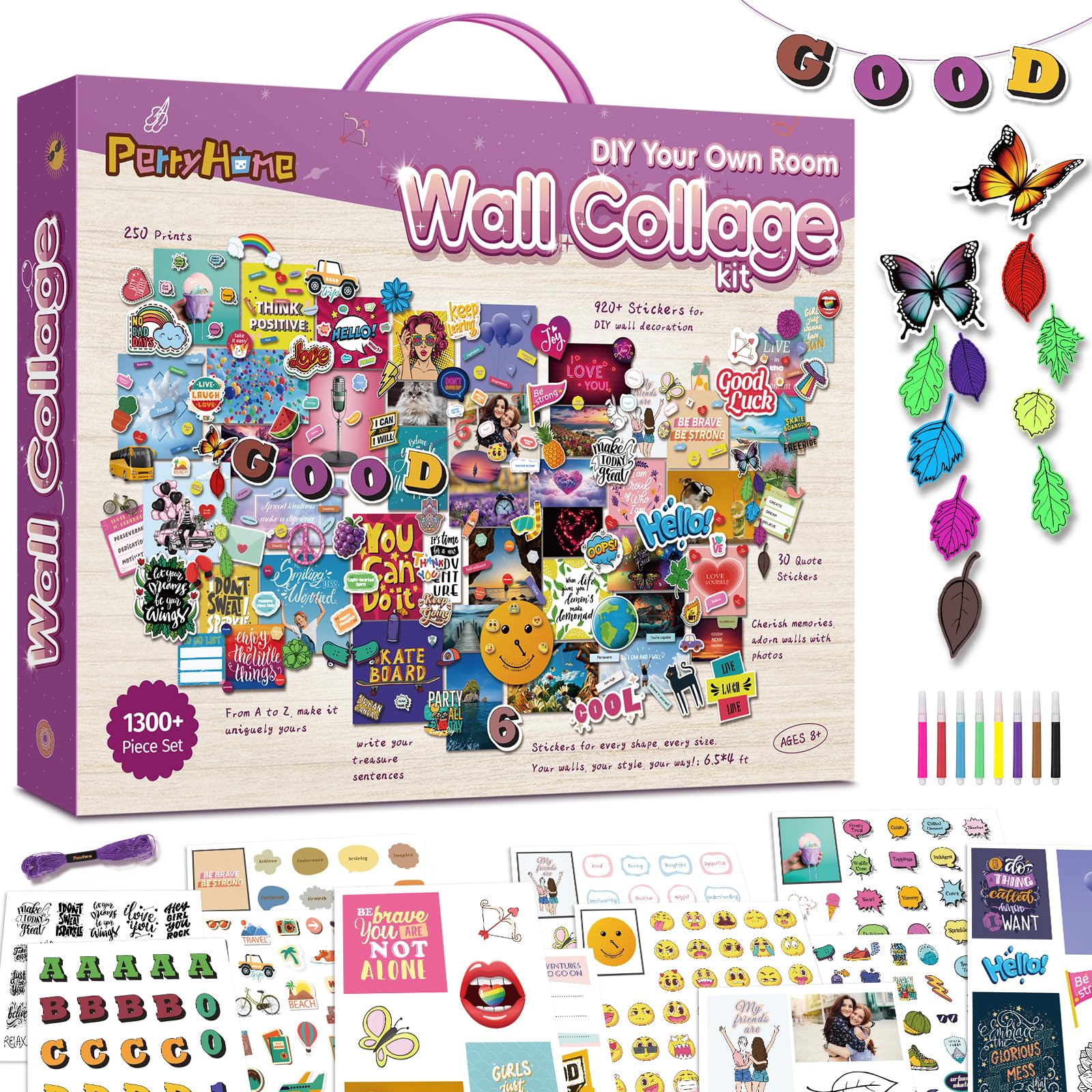 PERRYHOME Wall Collage Kit contents showcase 1300+ accessories for customizable teen room decor.