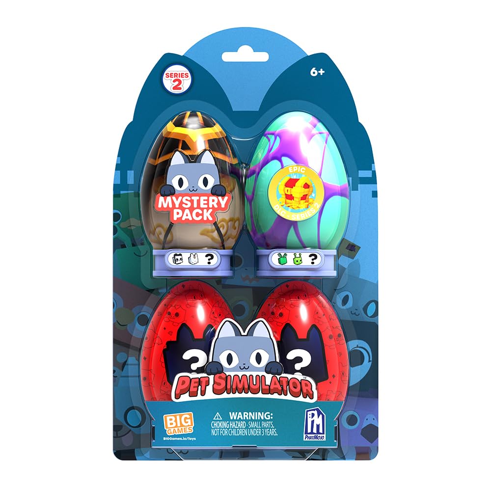 Pet Simulator Mystery Pet Minifigures 4-Pack – eggs ready to hatch with display stands.