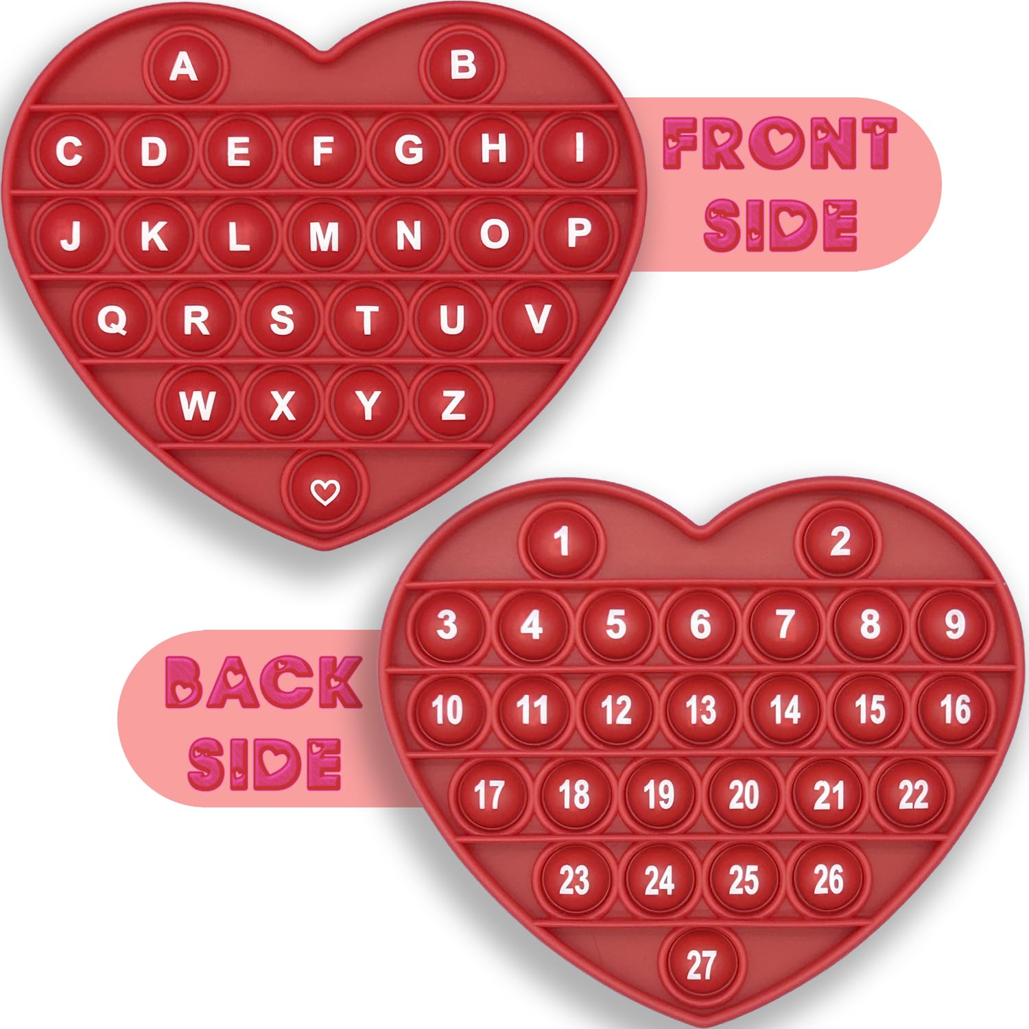 PETBSNVB red heart pop bubble toy with letters and numbers for learning and stress relief.